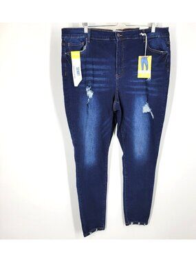 NWT Wax Skinny High Waisted Jeans Size 22 Dark Wash Denim Blue Distressed